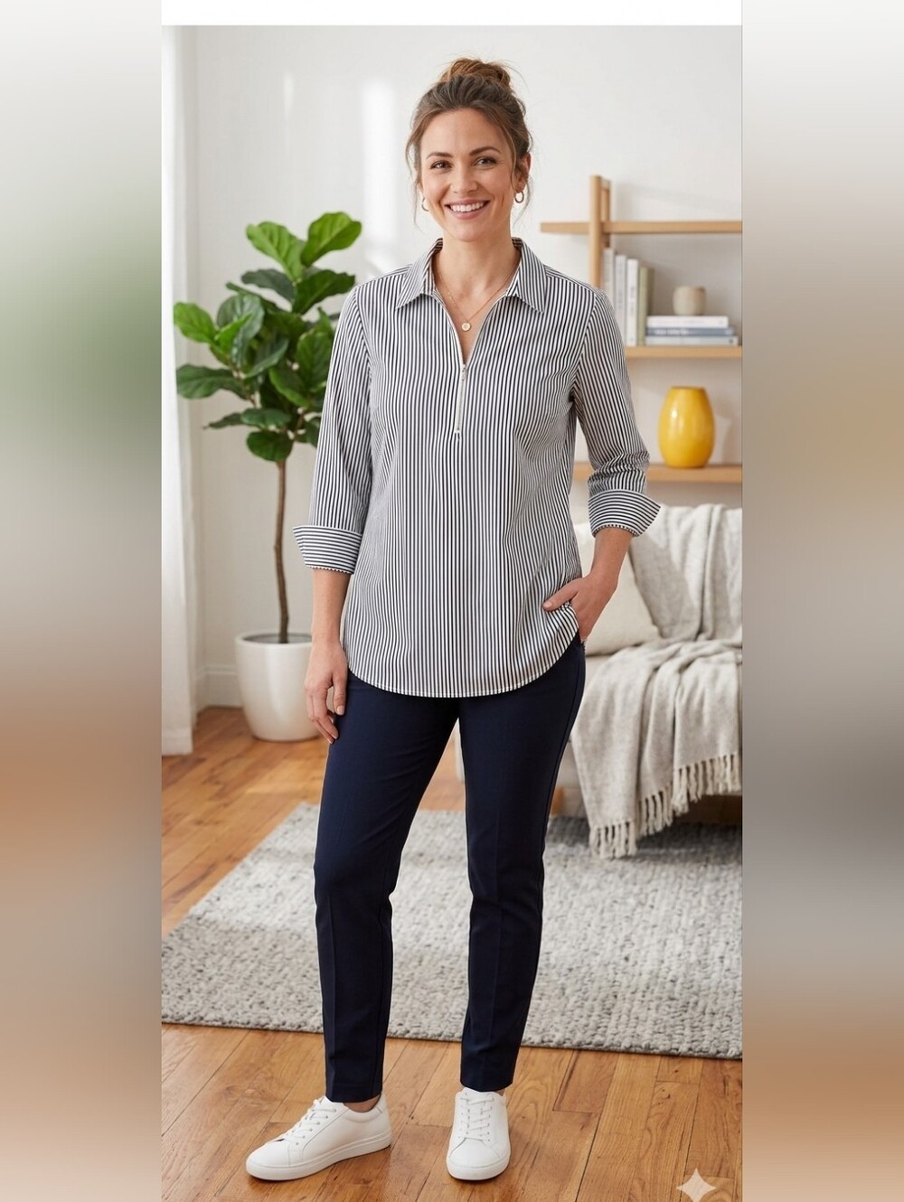 Zac & Rachel Black & White Striped 3/4 Sleeve Zip Tunic Blouse